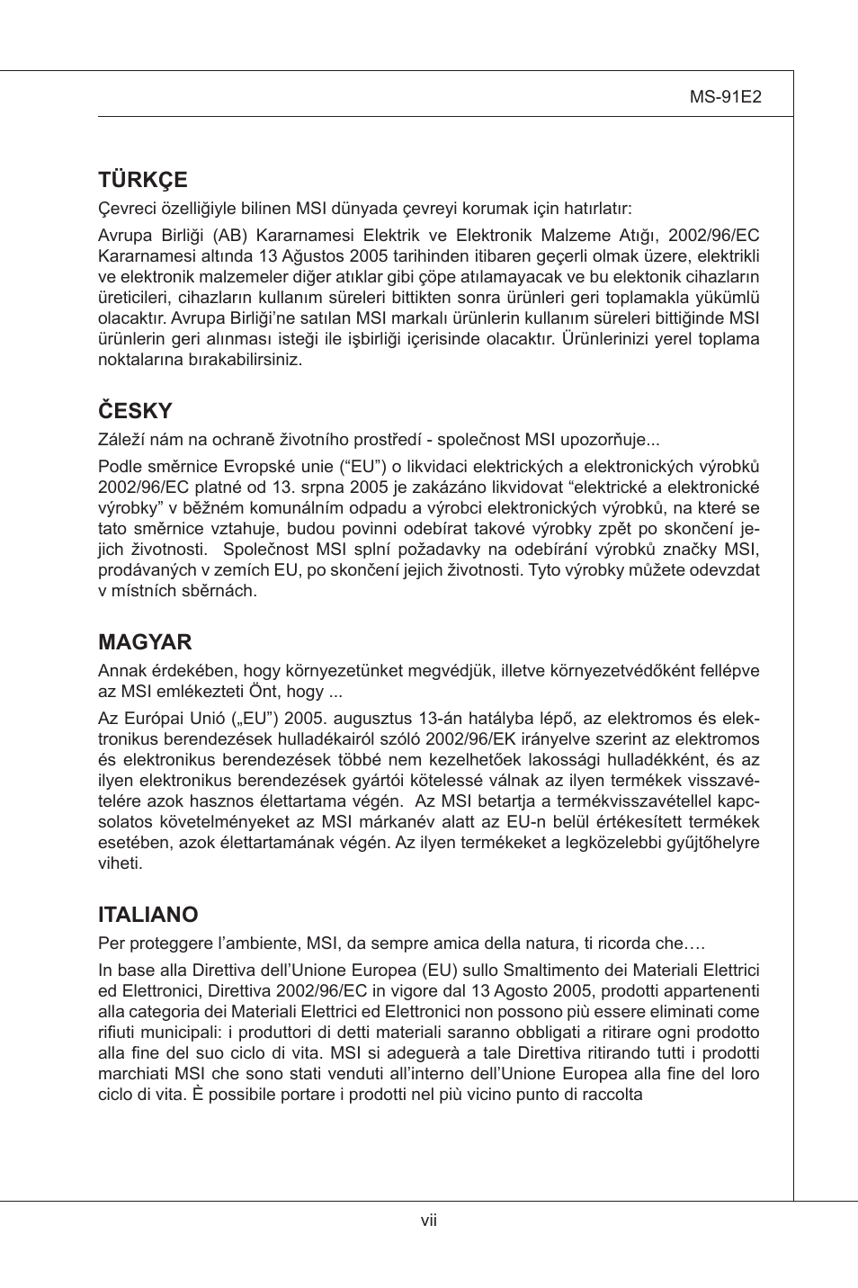 Türkçe, Česky, Magyar | Italiano | MSI MS-91E2 User Manual | Page 7 / 53