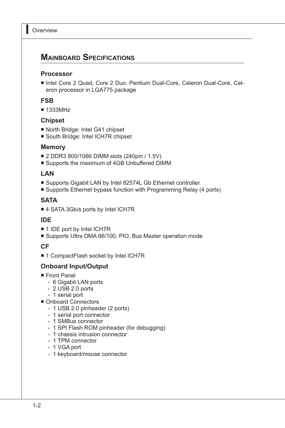 Mainboard specifications, Mainboard specifications -2 | MSI MS-96E3 User Manual | Page 10 / 54