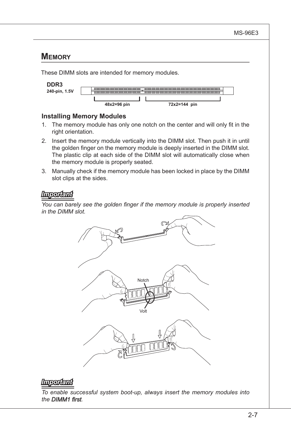 Memory, Memory -7 | MSI MS-96E3 User Manual | Page 23 / 54
