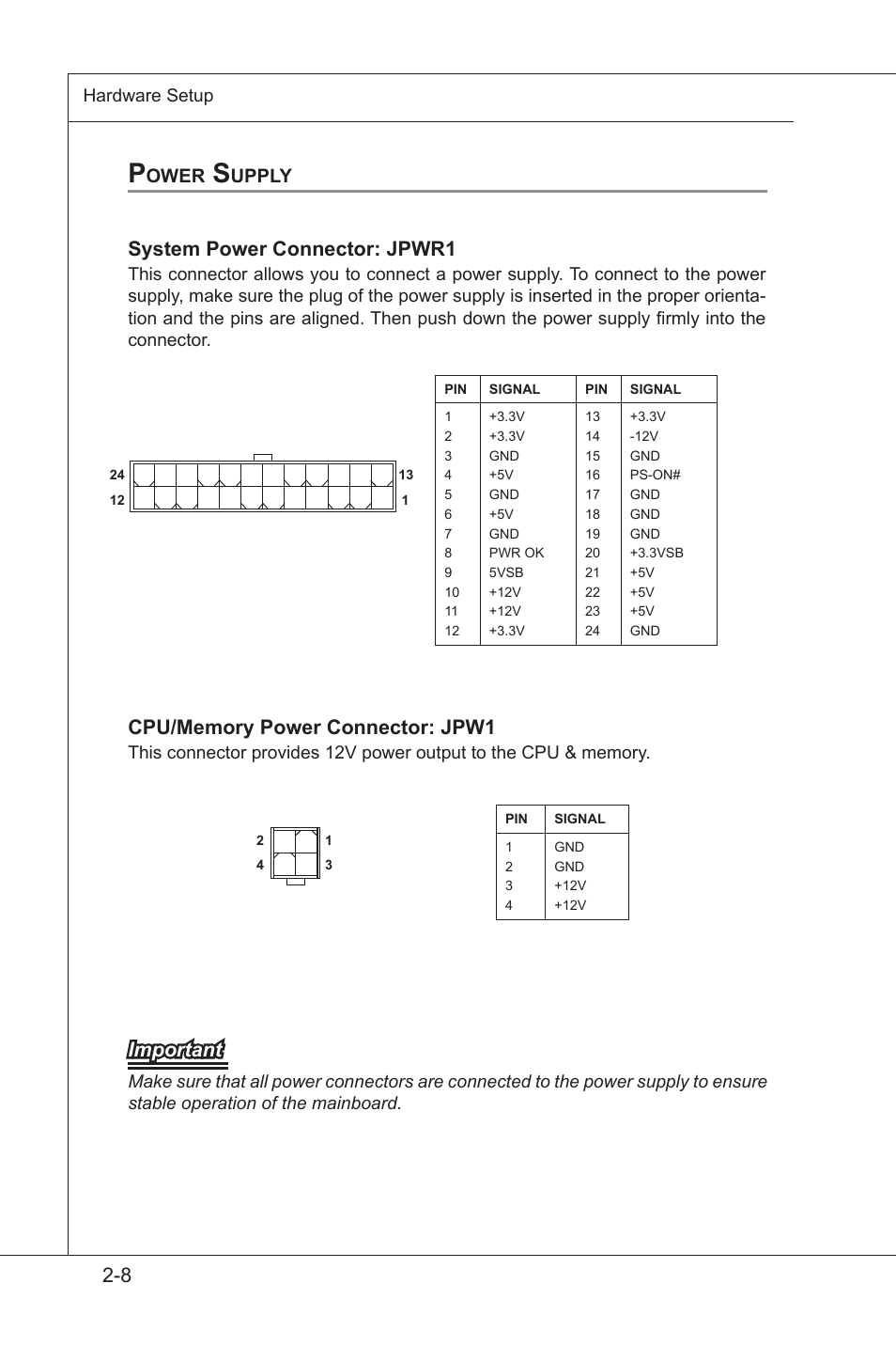 Power supply, Power supply -8, System power connector: jpwr1 | Important | MSI MS-96E3 User Manual | Page 24 / 54
