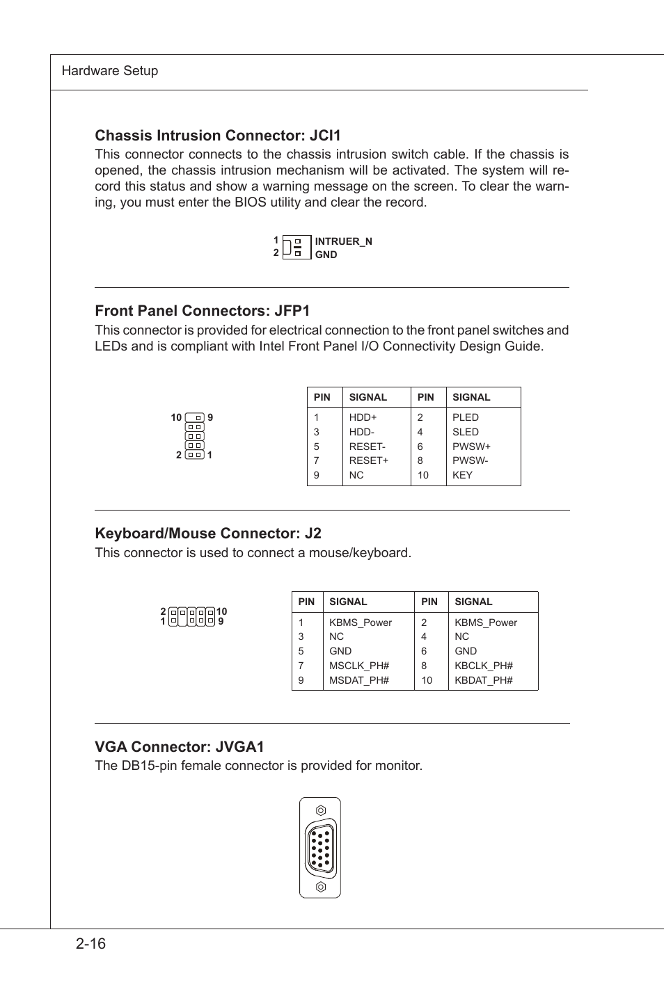 Front panel connectors: jfp1, Chassis intrusion connector: jci1, Keyboard/mouse connector: j2 | Vga connector: jvga1 | MSI MS-96E3 User Manual | Page 32 / 54