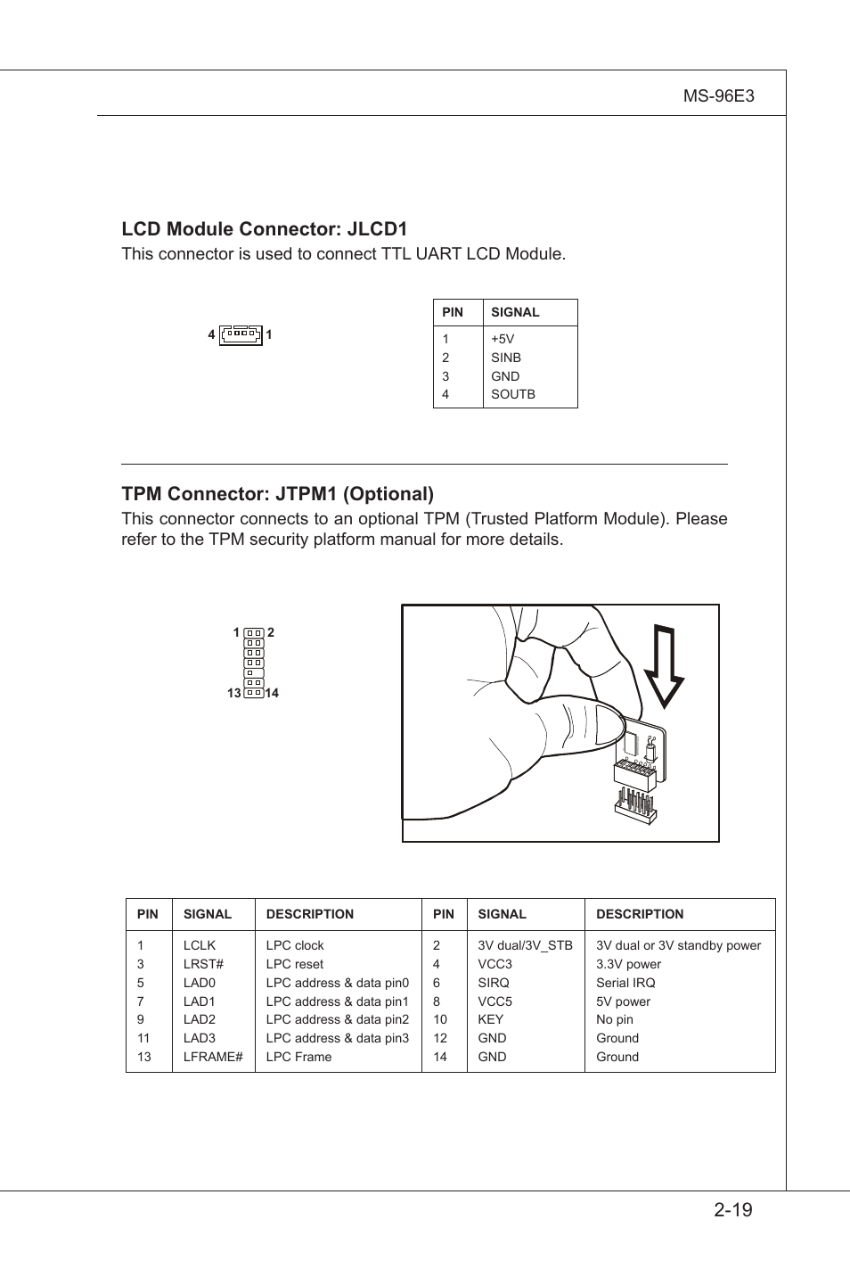 Slot, Tpm connector: jtpm1 (optional), Lcd module connector: jlcd1 | MSI MS-96E3 User Manual | Page 35 / 54