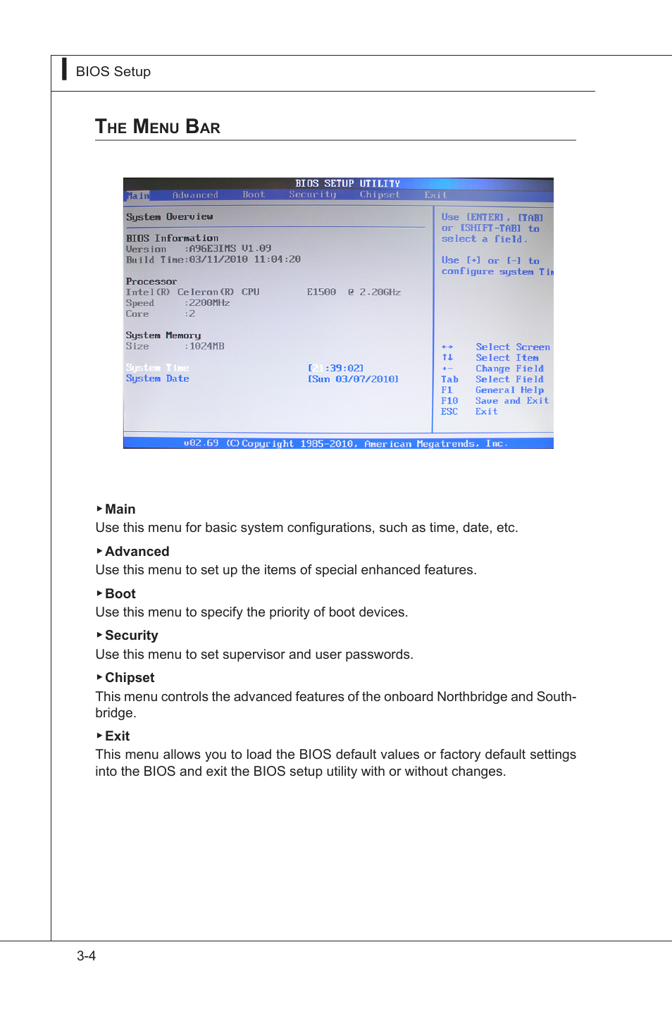The menu bar, The main menu, The menu bar -4 | MSI MS-96E3 User Manual | Page 42 / 54