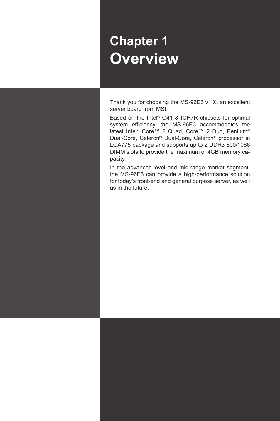 Chapter 1, Overview | MSI MS-96E3 User Manual | Page 9 / 54