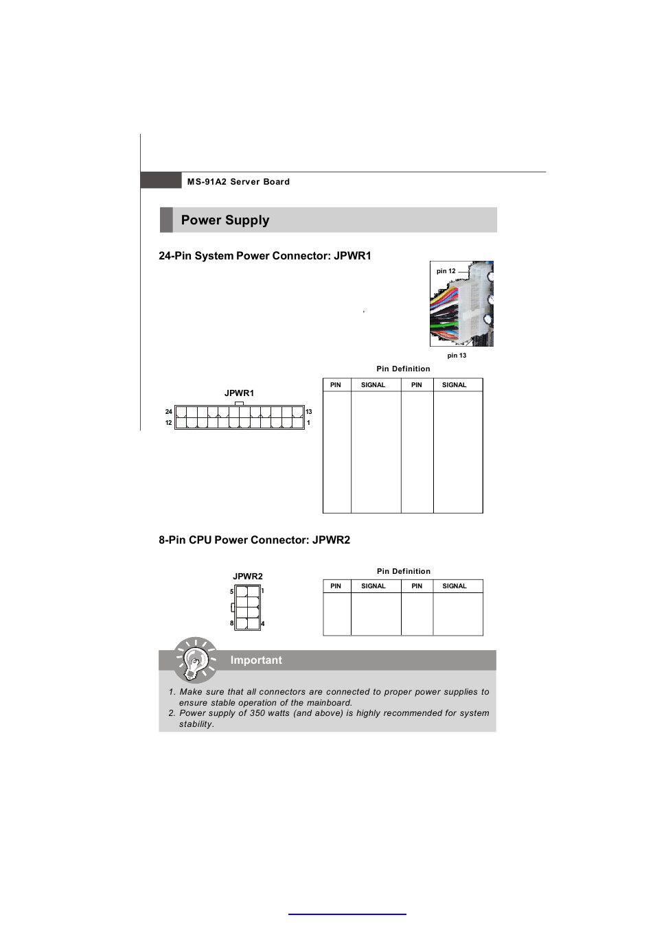 Power supply, Important, Pin system power connector: jpwr1 | Pin cpu power connector: jpwr2 | MSI 3200 Network User Manual | Page 24 / 60