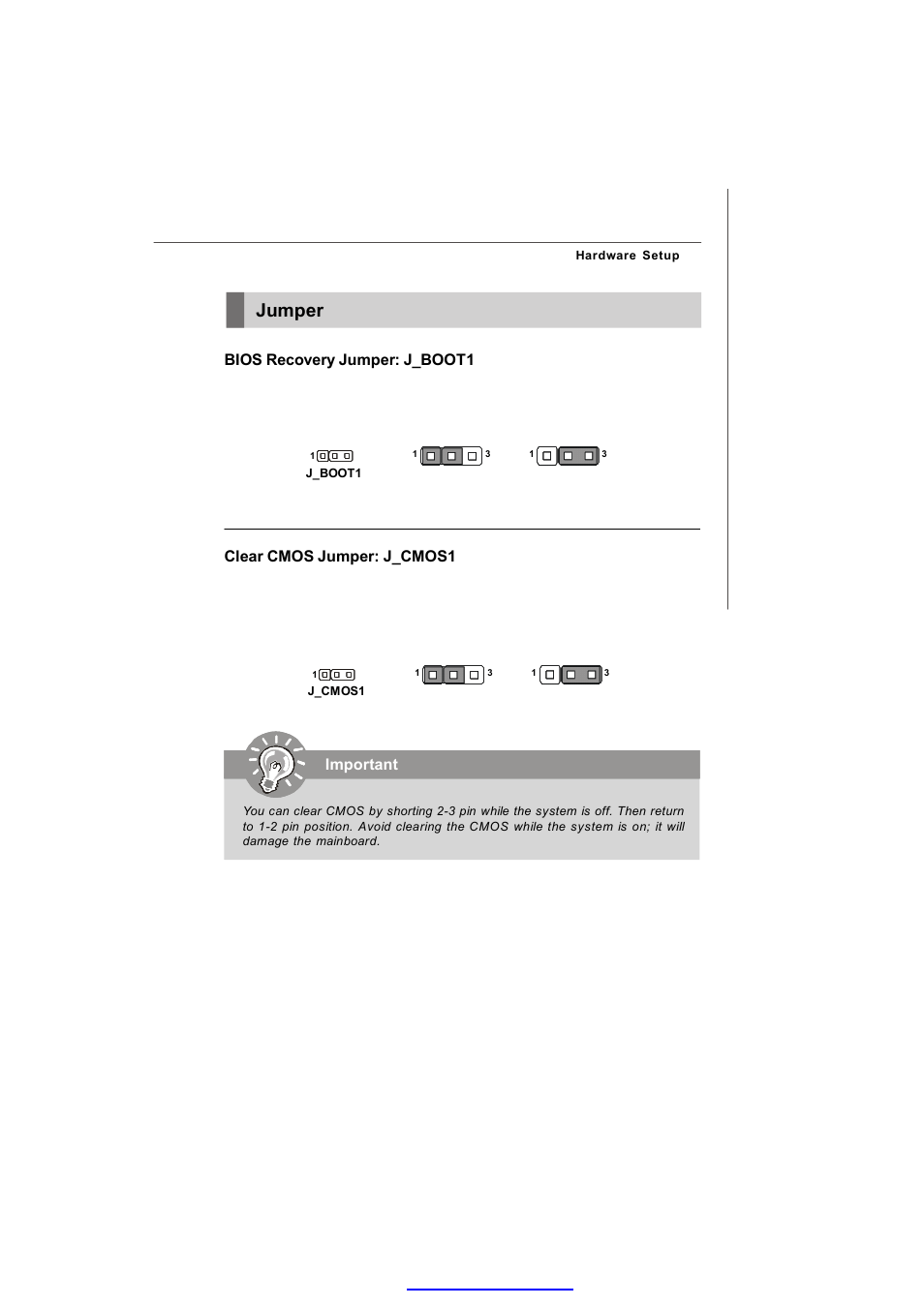 Jumper, Clear cmos jumper: j_cmos1, Important | Bios recovery jumper: j_boot1 | MSI 3200 Network User Manual | Page 37 / 60