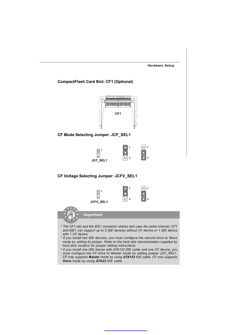 Compactflash card slot: cf1 (optional), Important, Cf mode selecting jumper: jcf_sel1 | Cf voltage selecting jumper: jcfv_sel1 | MSI 3200 Network User Manual | Page 39 / 60