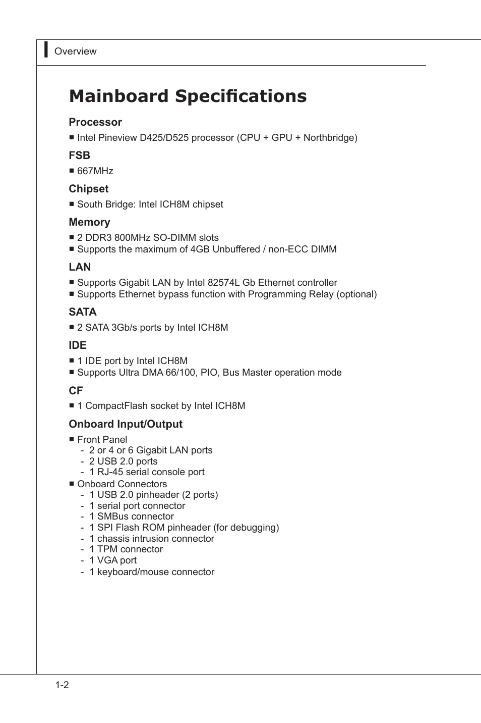 Mainboard specifications, Mainboard specifications -2 | MSI MS-96D9 User Manual | Page 12 / 64