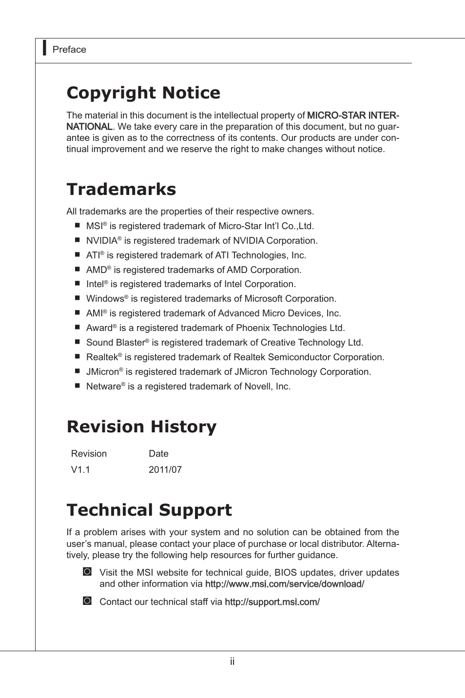 Copyright notice, Trademarks, Revision history | Technical support | MSI MS-96D9 User Manual | Page 2 / 64