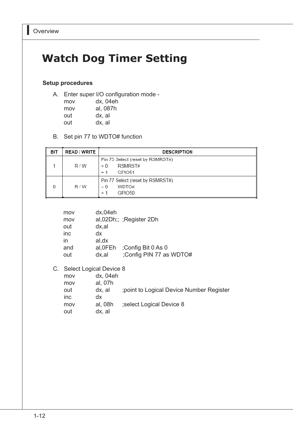 Watch dog timer setting, Watch dog tmer settng -12 | MSI MS-96D9 User Manual | Page 22 / 64