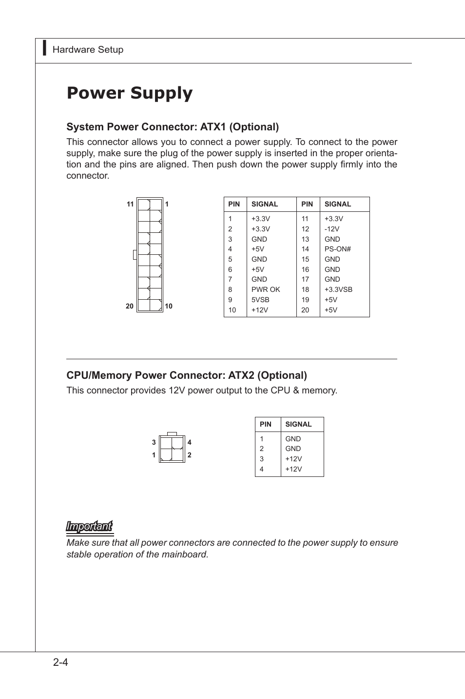 Power supply, Power supply -4, System power connector: atx1 (optional) | Important | MSI MS-96D9 User Manual | Page 28 / 64