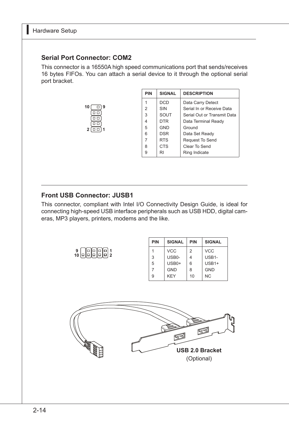 Front usb connector: jusb1, Serial port connector: com2 | MSI MS-96D9 User Manual | Page 38 / 64