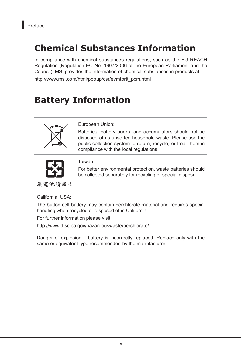 Chemical substances information, Battery information | MSI MS-96D9 User Manual | Page 4 / 64