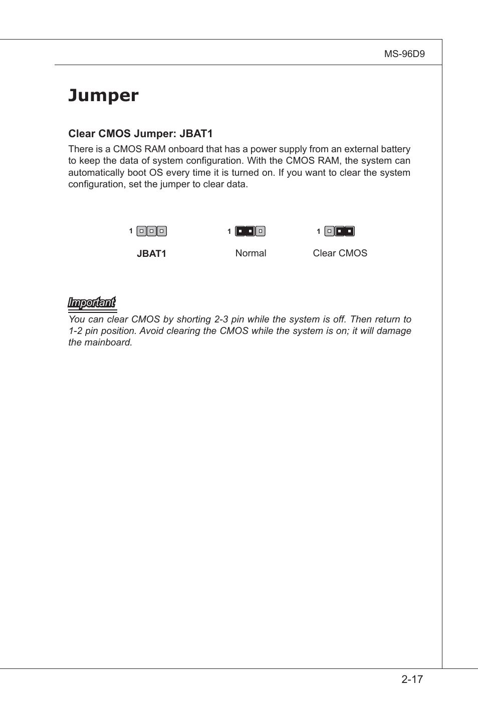 Jumper, Jumper -17 | MSI MS-96D9 User Manual | Page 41 / 64
