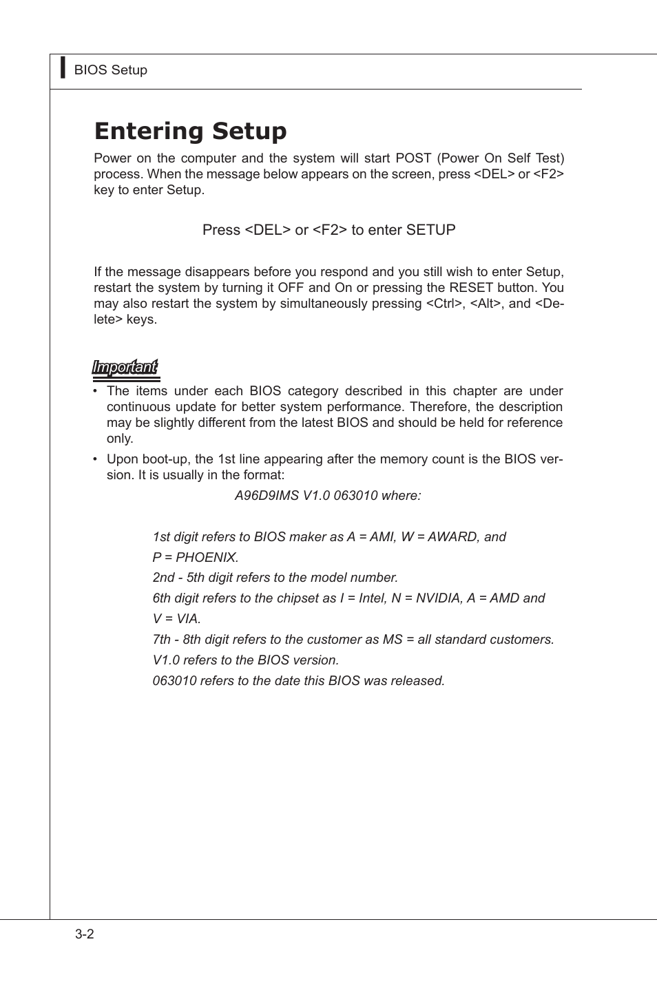 Entering setup, Enterng setup -2 | MSI MS-96D9 User Manual | Page 46 / 64