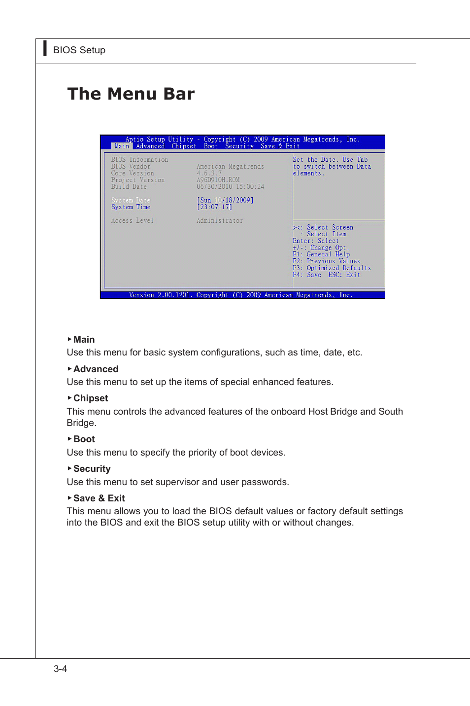 The menu bar, The main menu, The menu bar -4 | MSI MS-96D9 User Manual | Page 48 / 64