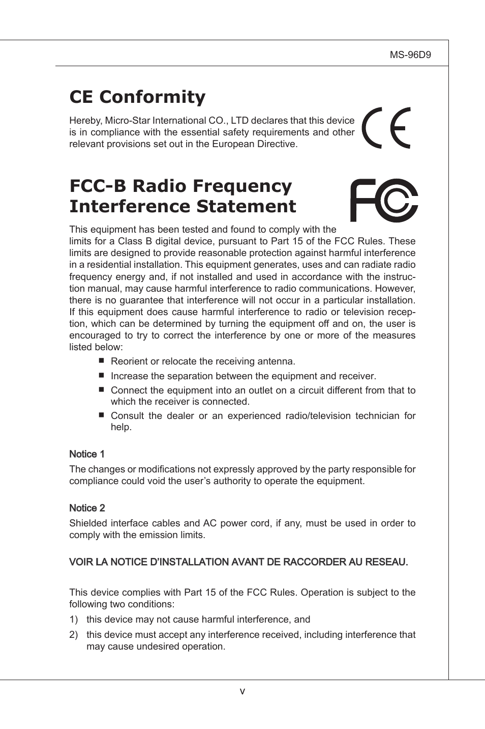 Ce conformity, Fcc-b radio frequency interference statement | MSI MS-96D9 User Manual | Page 5 / 64