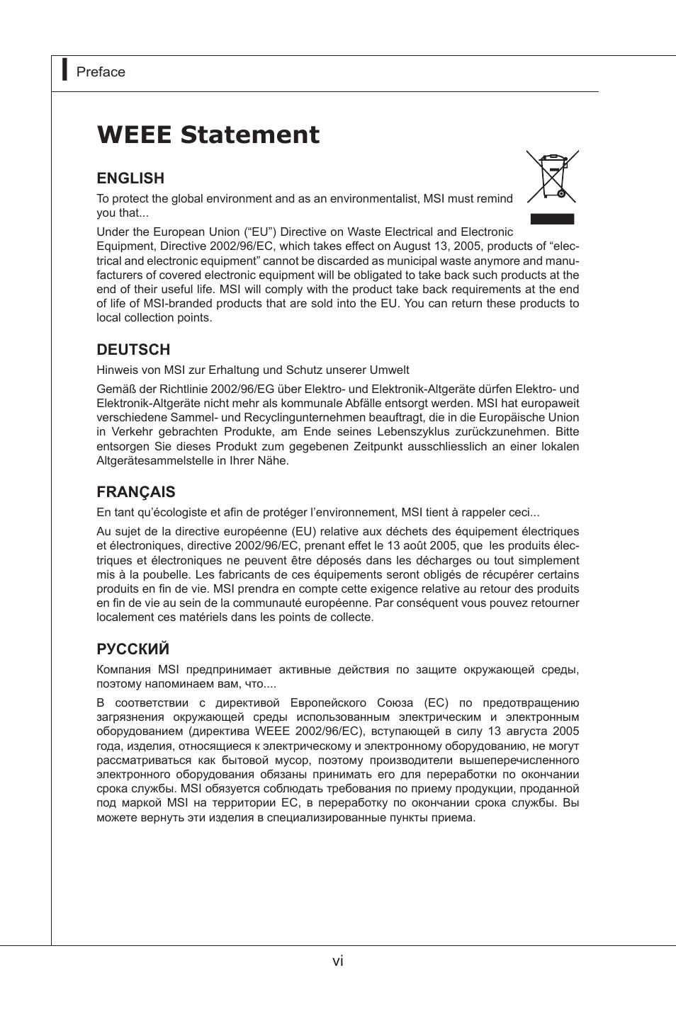Weee statement | MSI MS-96D9 User Manual | Page 6 / 64