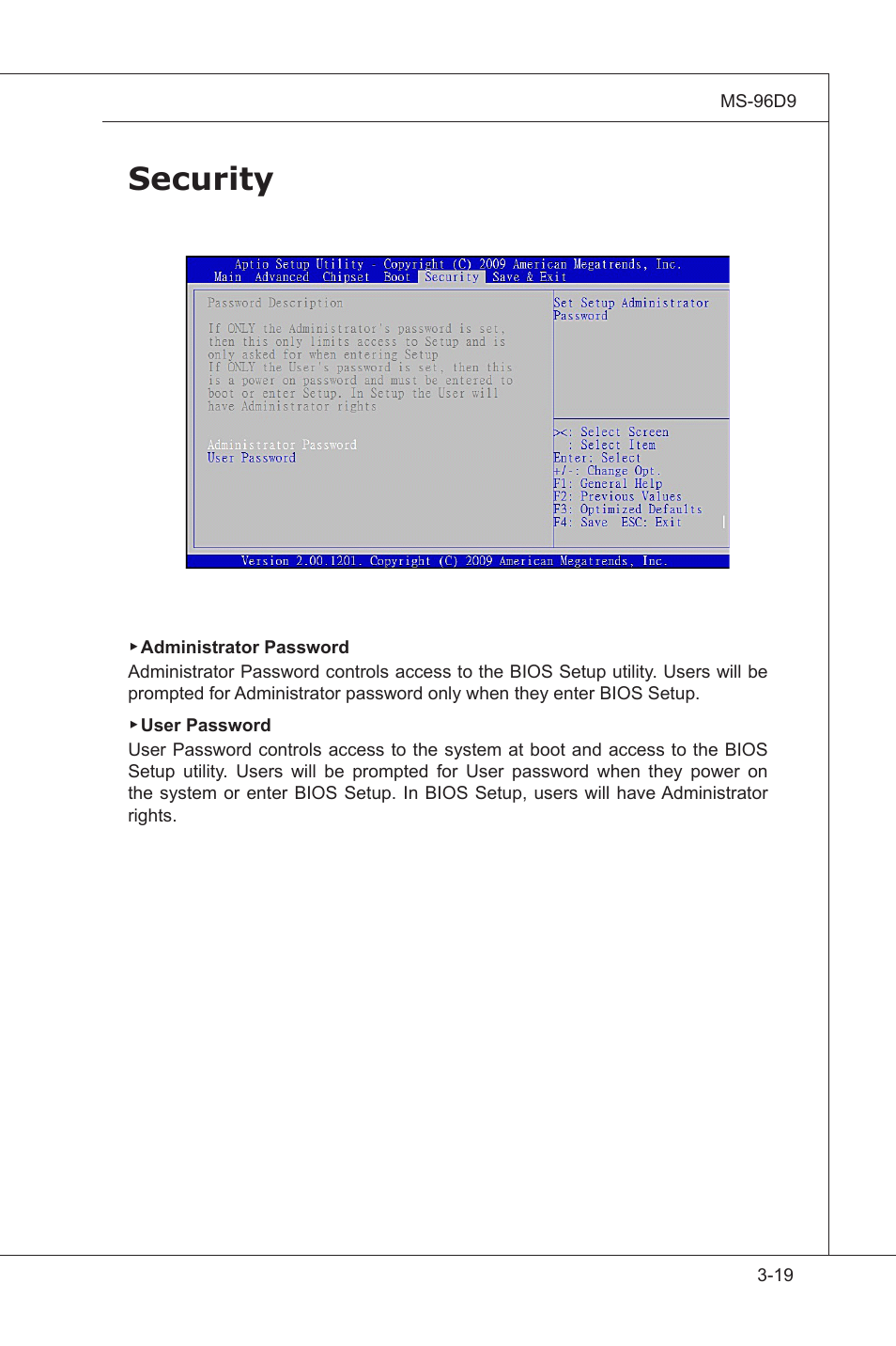 Security, Power management setup, Securty -19 | MSI MS-96D9 User Manual | Page 63 / 64