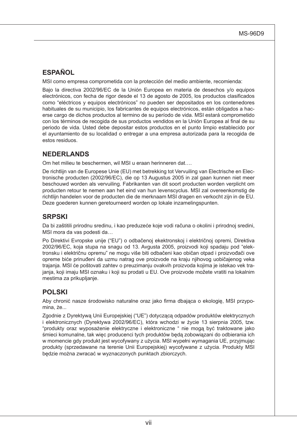 Español, Nederlands, Srpski | Polski | MSI MS-96D9 User Manual | Page 7 / 64