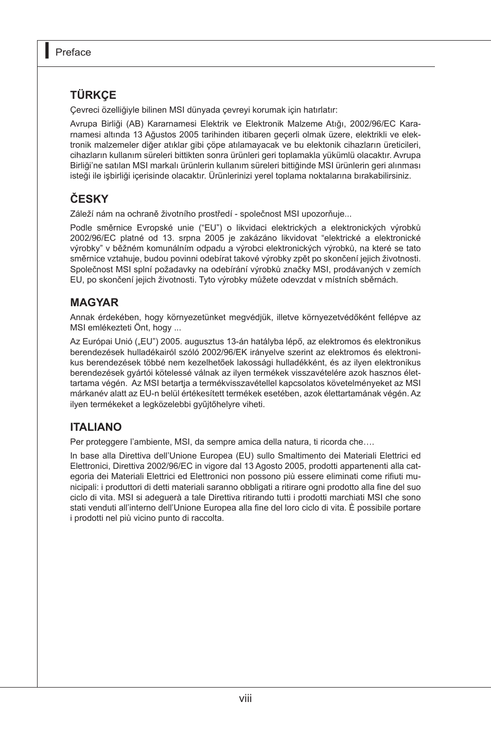 Türkçe, Česky, Magyar | Italiano | MSI MS-96D9 User Manual | Page 8 / 64