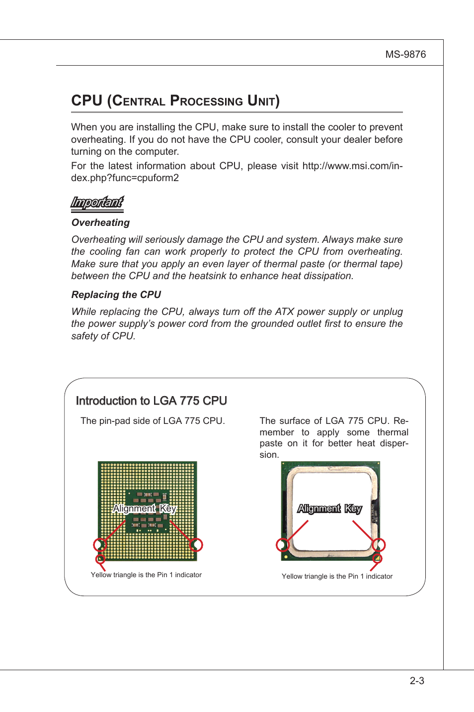 Cpu (central processing unit), Cpu (central processing unit) -3, Cpu (c | MSI IA-Q45 User Manual | Page 15 / 61