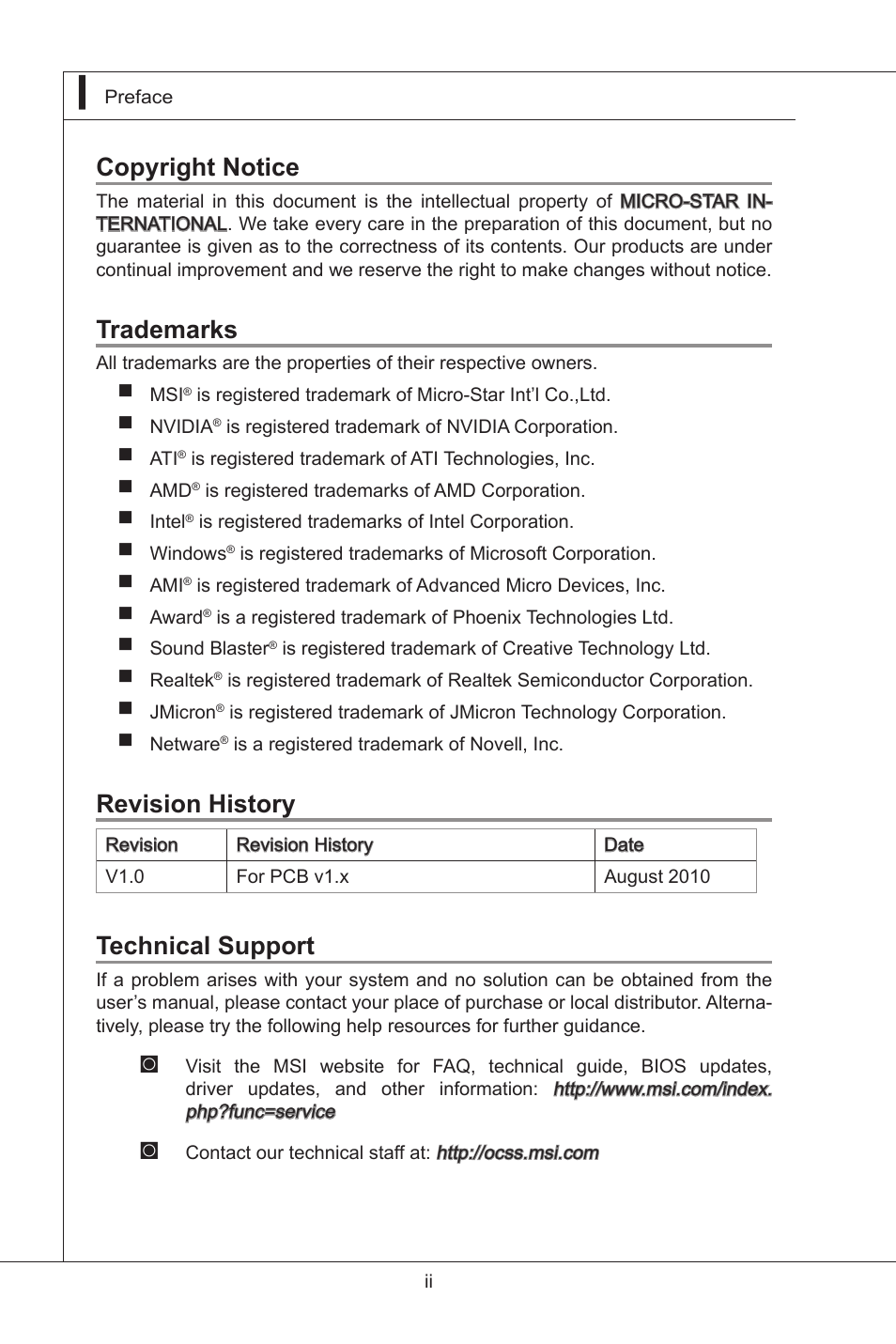 Copyright notice, Trademarks, Revision history | Technical support | MSI IA-Q45 User Manual | Page 2 / 61