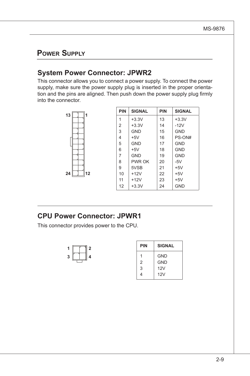 Power supply, Power supply -9, System power connector: jpwr2 | Cpu power connector: jpwr1 | MSI IA-Q45 User Manual | Page 21 / 61