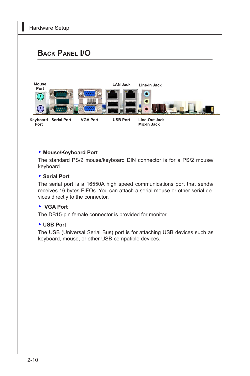 Back panel i/o, Back panel i/o -10 | MSI IA-Q45 User Manual | Page 22 / 61