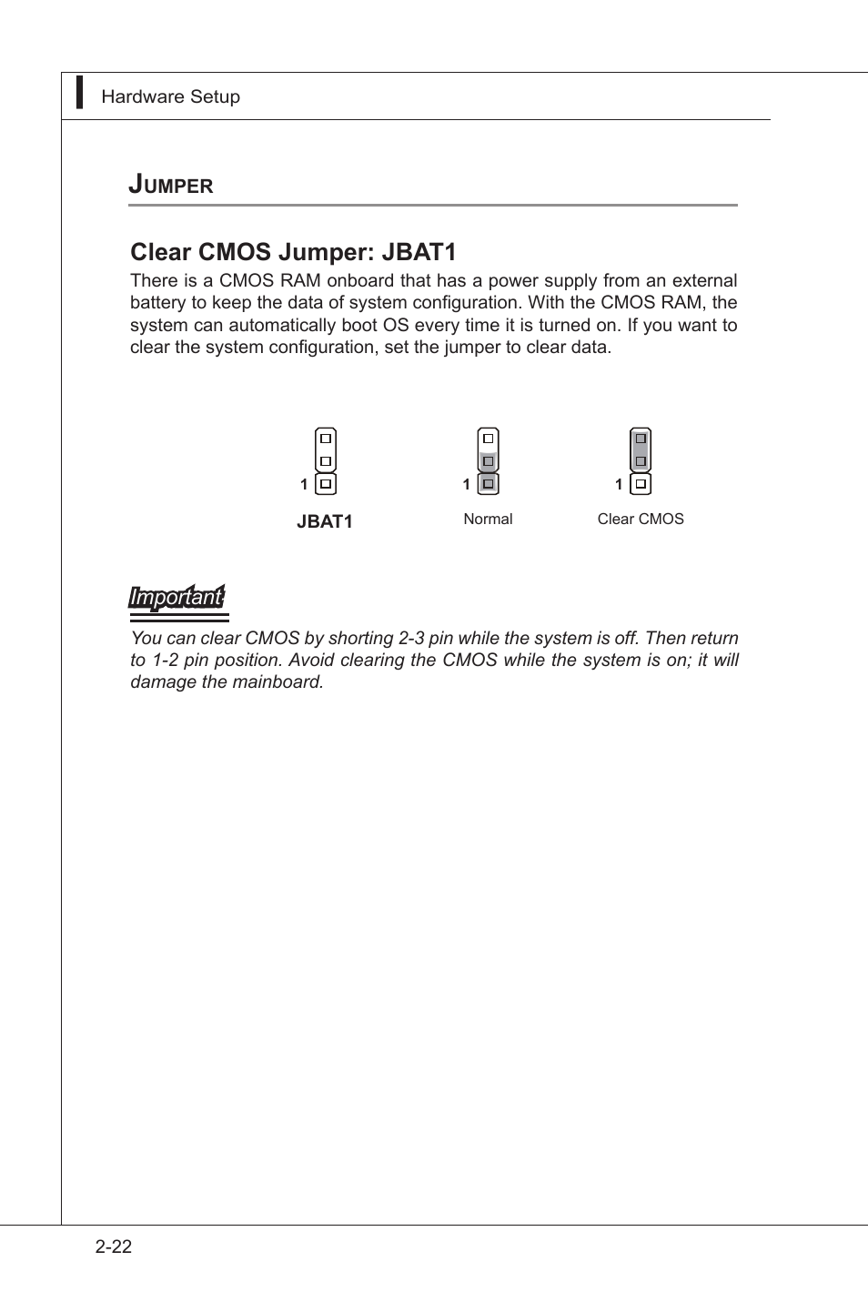 Jumper, Jumper -22, Clear cmos jumper: jbat1 | MSI IA-Q45 User Manual | Page 34 / 61