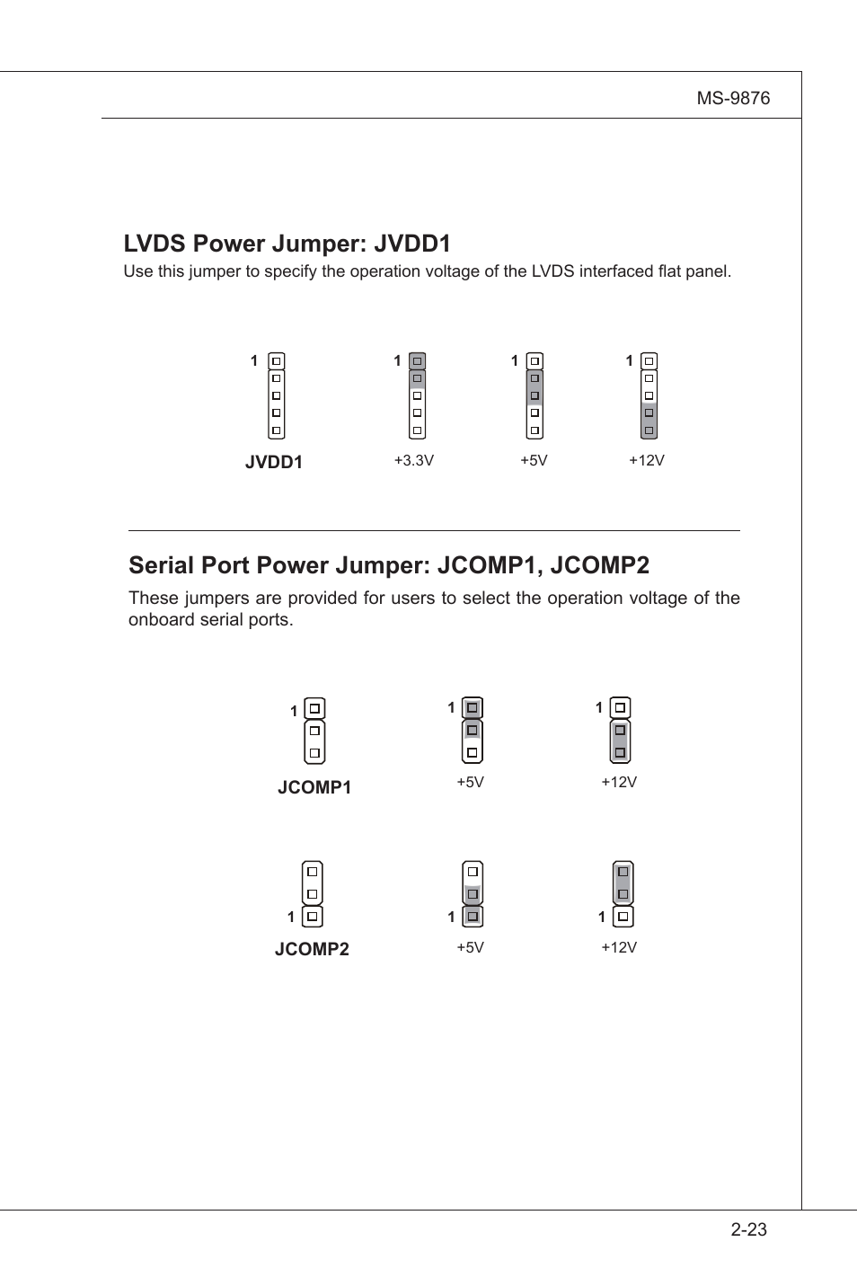 Lvds power jumper: jvdd1, Serial port power jumper: jcomp1, jcomp2 | MSI IA-Q45 User Manual | Page 35 / 61