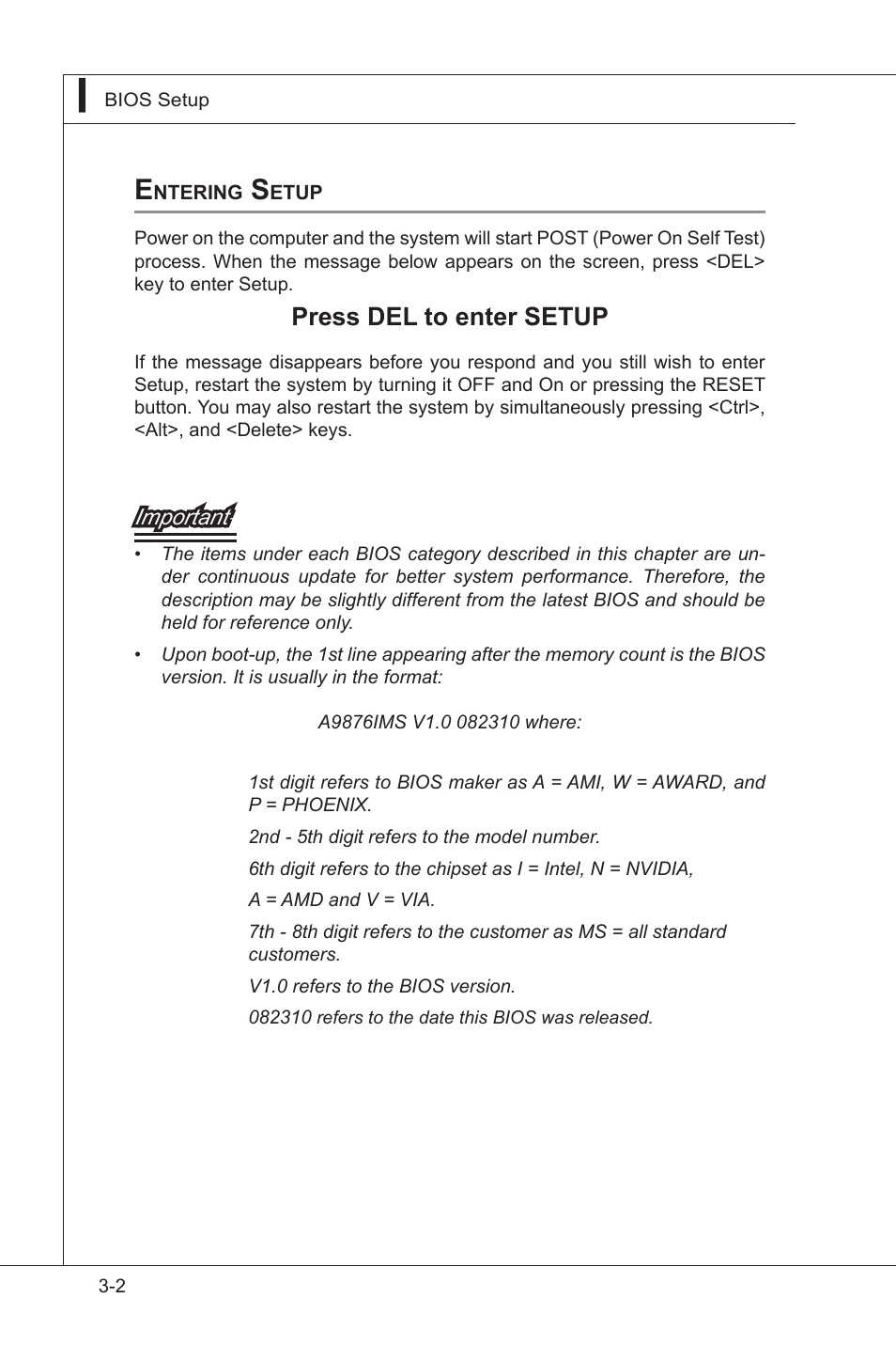 Entering setup, Entering setup -2, Press del to enter setup | MSI IA-Q45 User Manual | Page 38 / 61