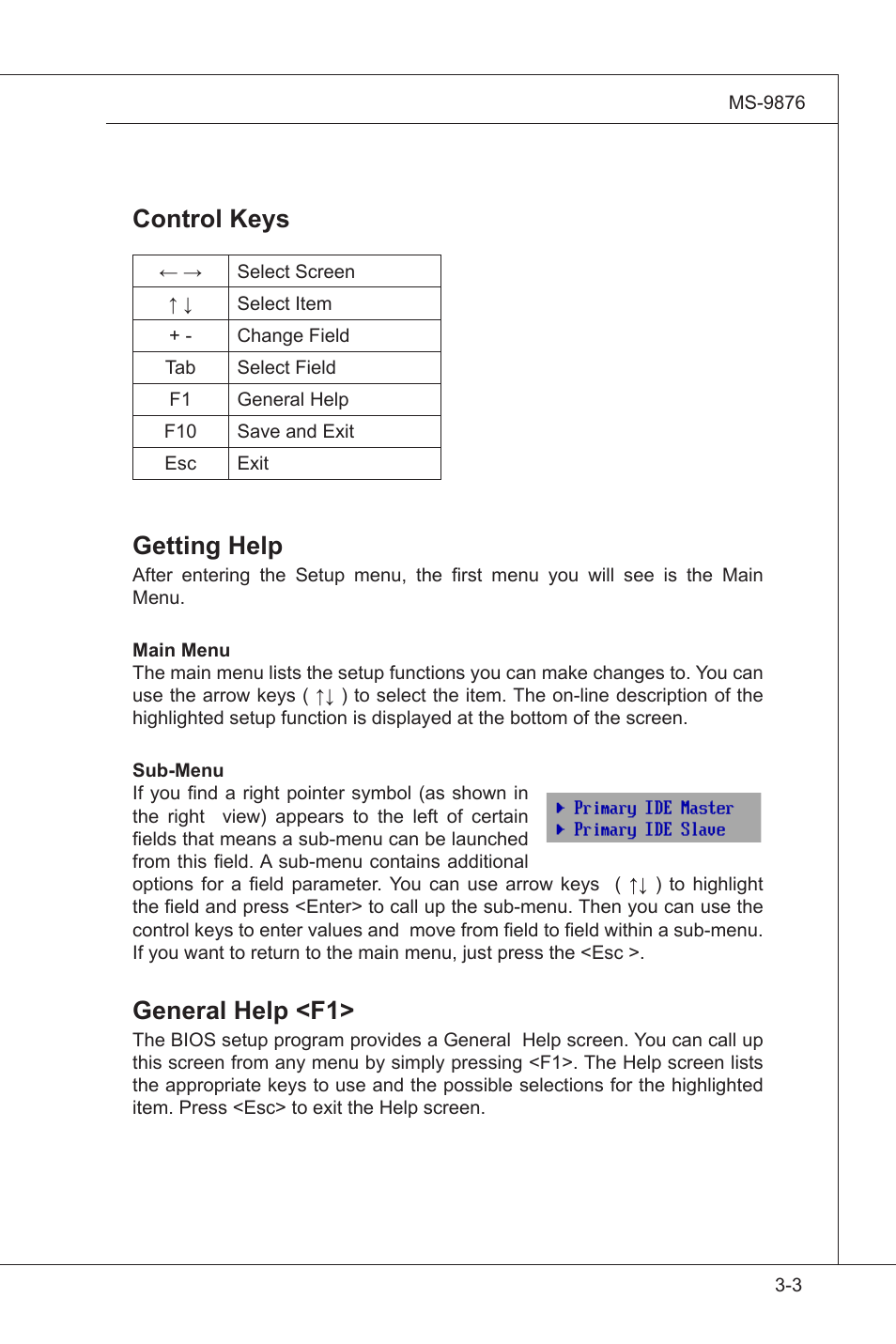 Control keys, Getting help, General help <f1 | MSI IA-Q45 User Manual | Page 39 / 61