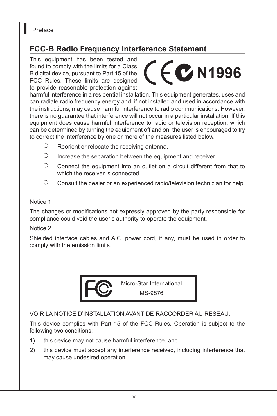 Fcc-b radio frequency interference statement | MSI IA-Q45 User Manual | Page 4 / 61