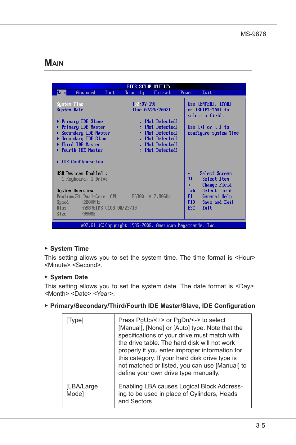 Main, Standard cmos features, Main -5 | MSI IA-Q45 User Manual | Page 41 / 61