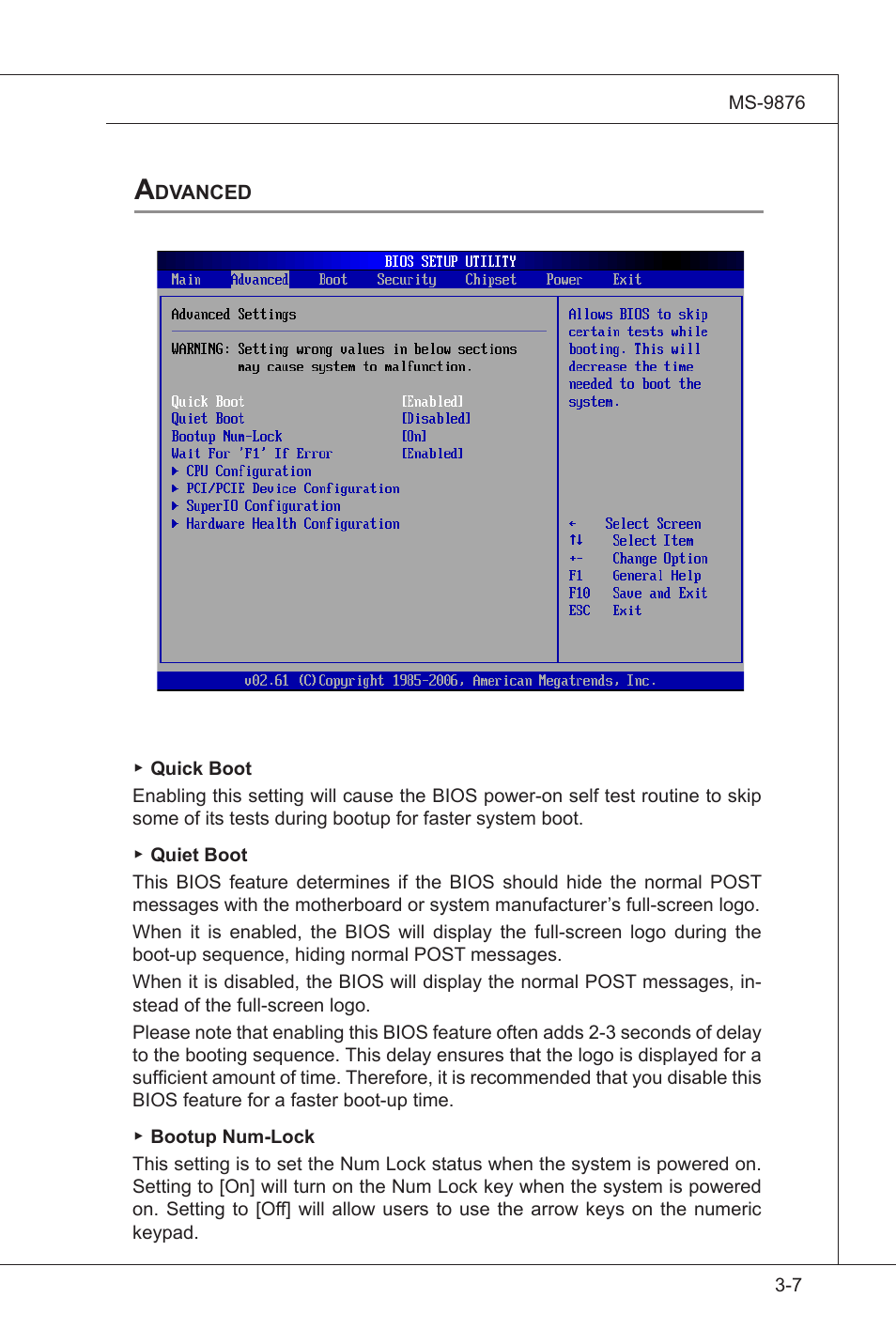 Advanced, Advanced bios features, Advanced -7 | MSI IA-Q45 User Manual | Page 43 / 61