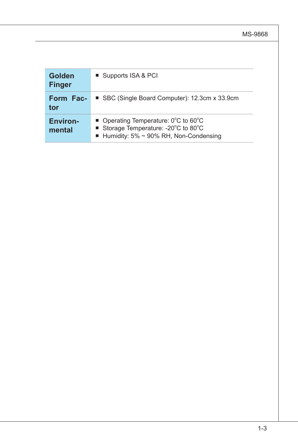 Golden finger, Form fac- tor, Environ- mental | MSI IB-945GC User Manual | Page 11 / 59