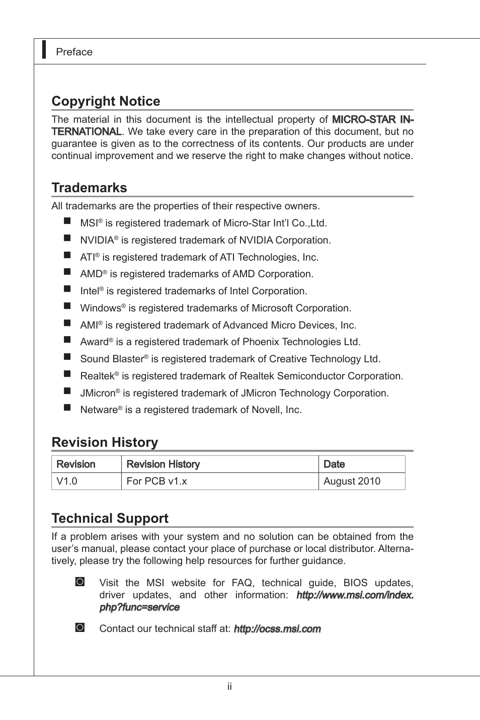 Copyright notice, Trademarks, Revision history | Technical support | MSI IB-945GC User Manual | Page 2 / 59