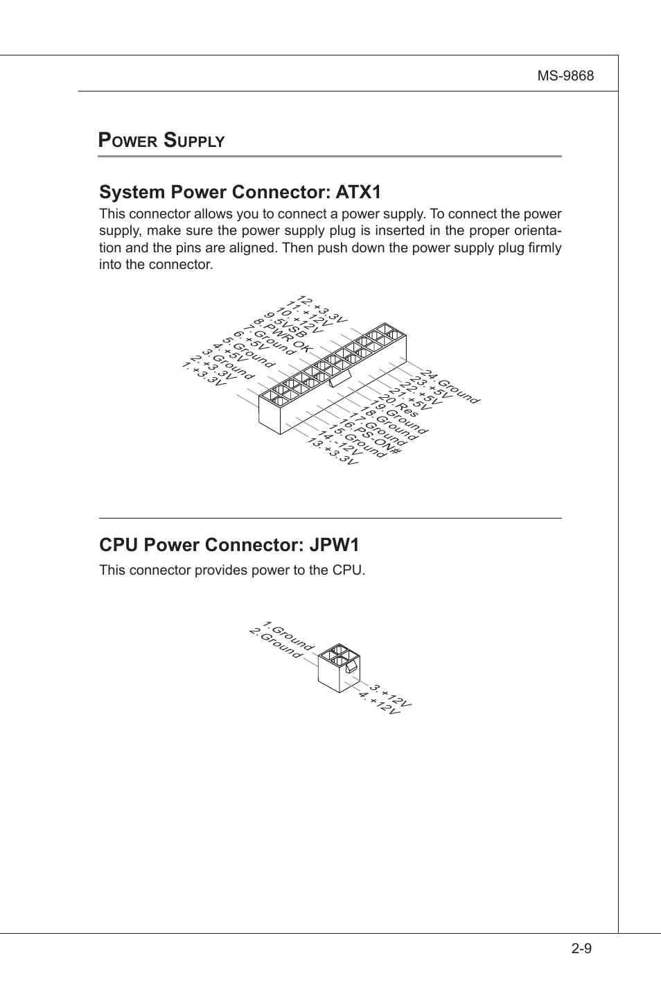 Back panel i/o, Back panel i/o -9, System power connector: atx1 | Cpu power connector: jpw1 | MSI IB-945GC User Manual | Page 21 / 59