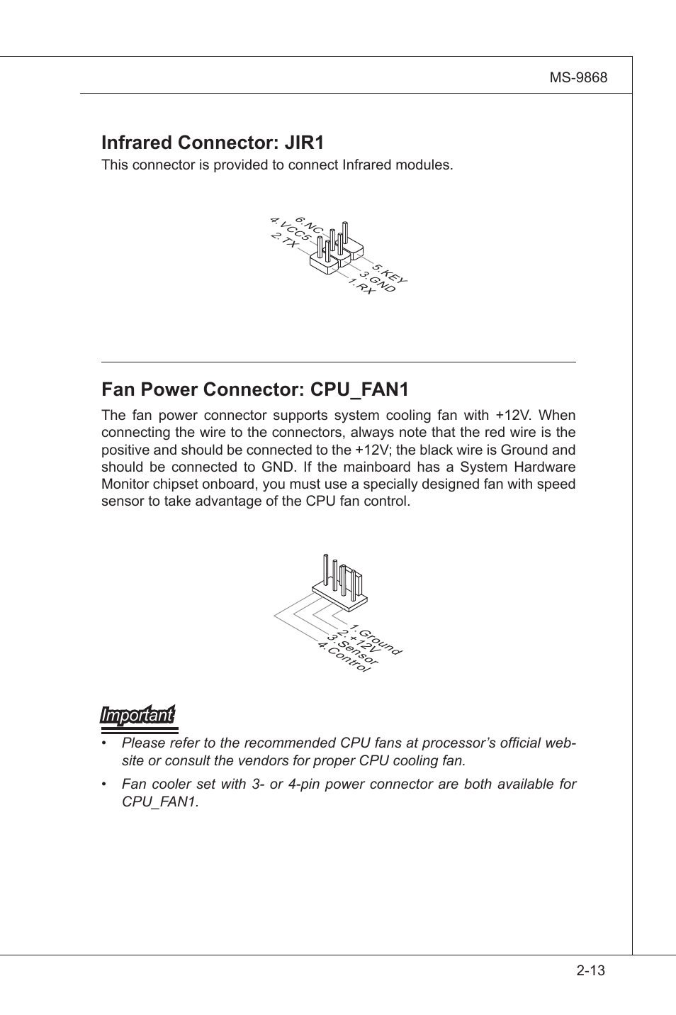 Fan power connector: cpu_fan1, Infrared connector: jir1, Important | MSI IB-945GC User Manual | Page 25 / 59