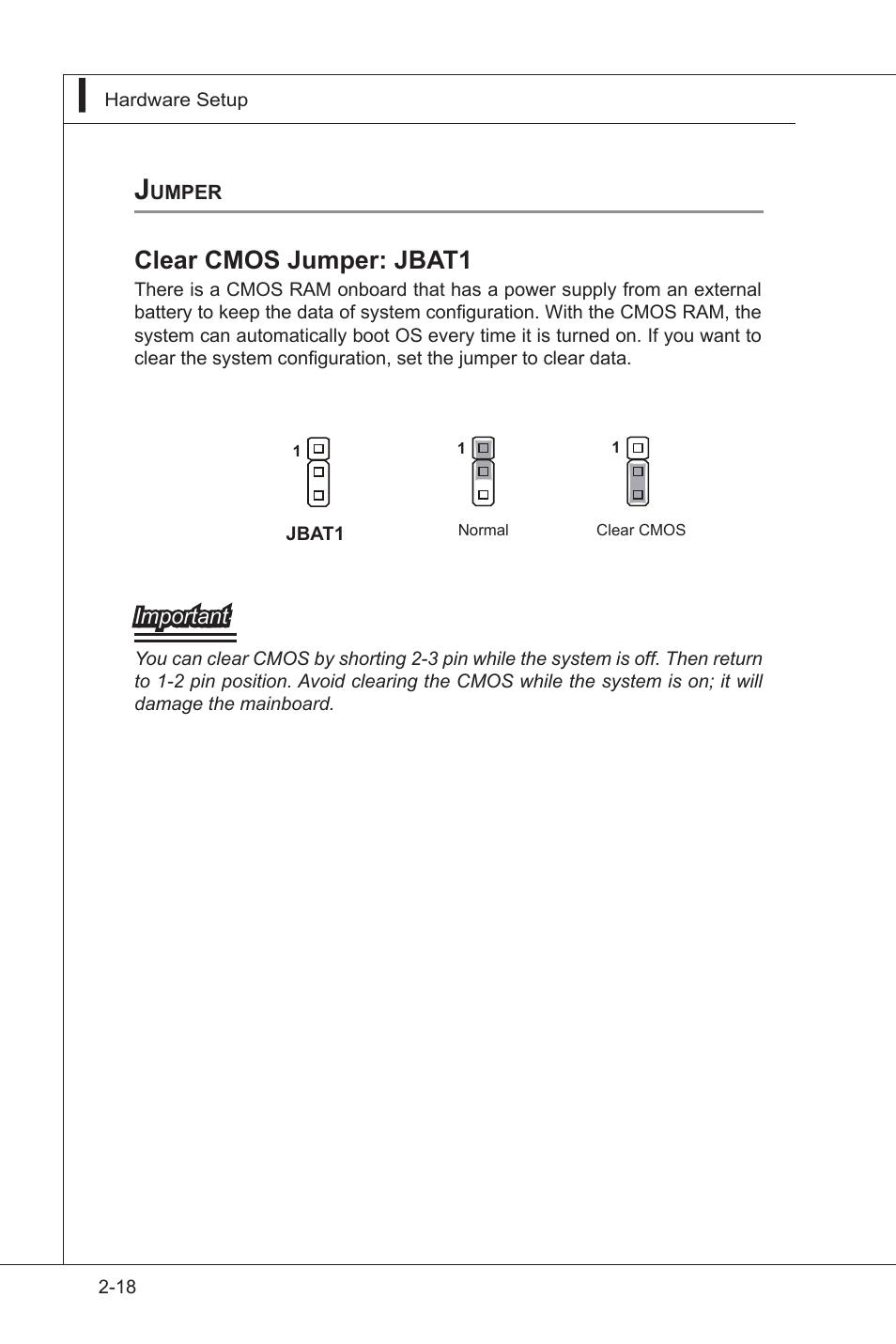 Jumper, Jumper -18, Clear cmos jumper: jbat1 | MSI IB-945GC User Manual | Page 30 / 59