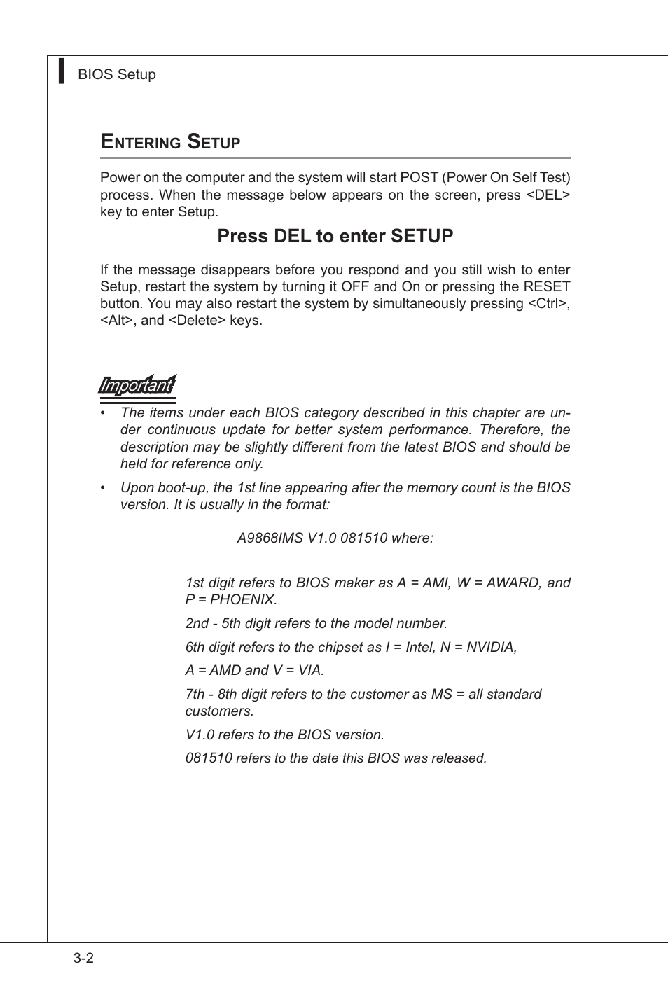 Entering setup, Entering setup -2, Press del to enter setup | MSI IB-945GC User Manual | Page 34 / 59