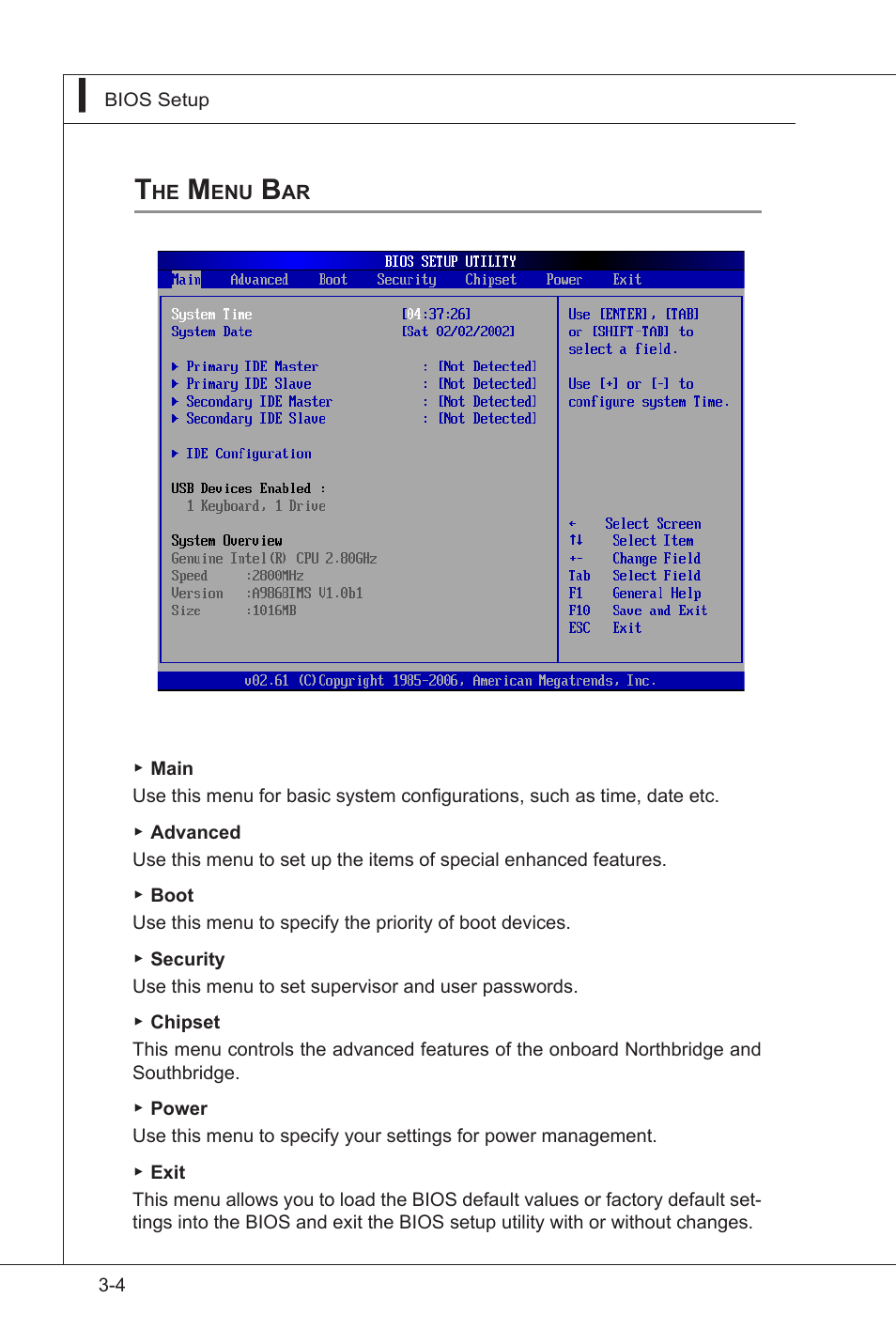 The menu bar, The main menu, The menu bar -4 | MSI IB-945GC User Manual | Page 36 / 59