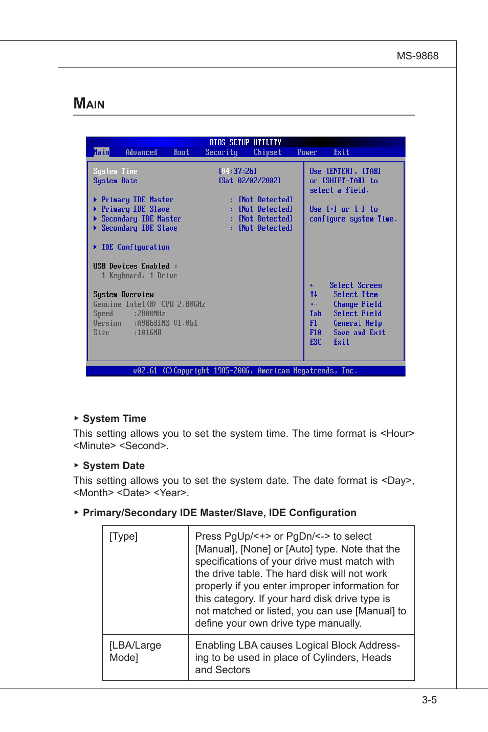 Main, Standard cmos features, Main -5 | MSI IB-945GC User Manual | Page 37 / 59