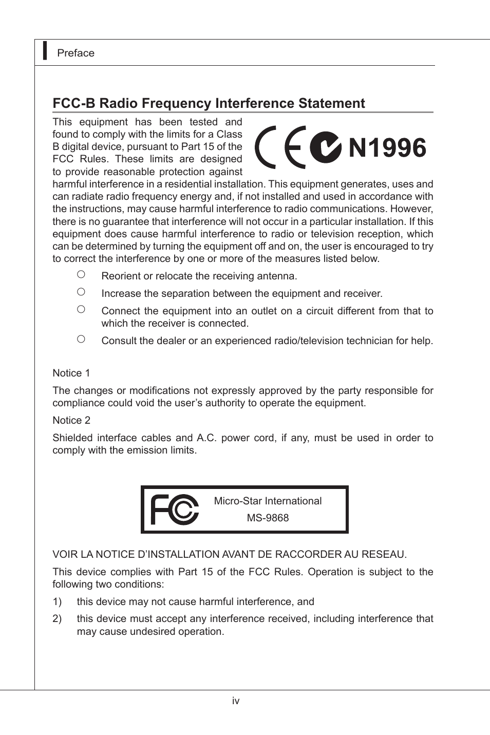 Fcc-b radio frequency interference statement | MSI IB-945GC User Manual | Page 4 / 59