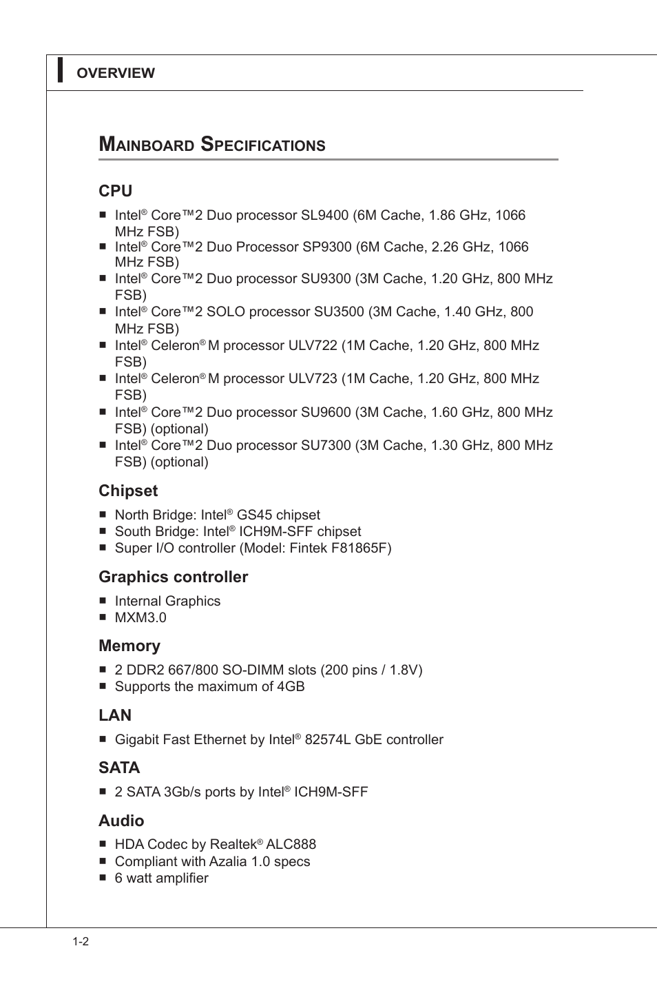 Mainboard specifications, Mainboard specifications -2, Chipset | Graphics controller, Sata, Audio | MSI IM-GS45-M User Manual | Page 10 / 63