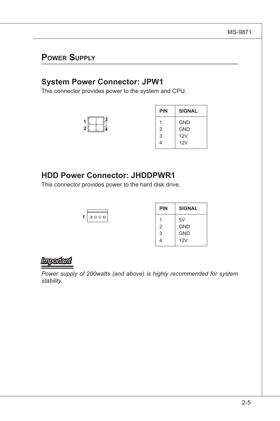 Power supply, Power supply -5, System power connector: jpw1 | Hdd power connector: jhddpwr1 | MSI IM-GS45-M User Manual | Page 19 / 63