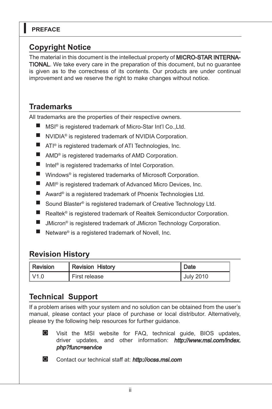 Copyright notice, Trademarks, Revision history | Technical support | MSI IM-GS45-M User Manual | Page 2 / 63