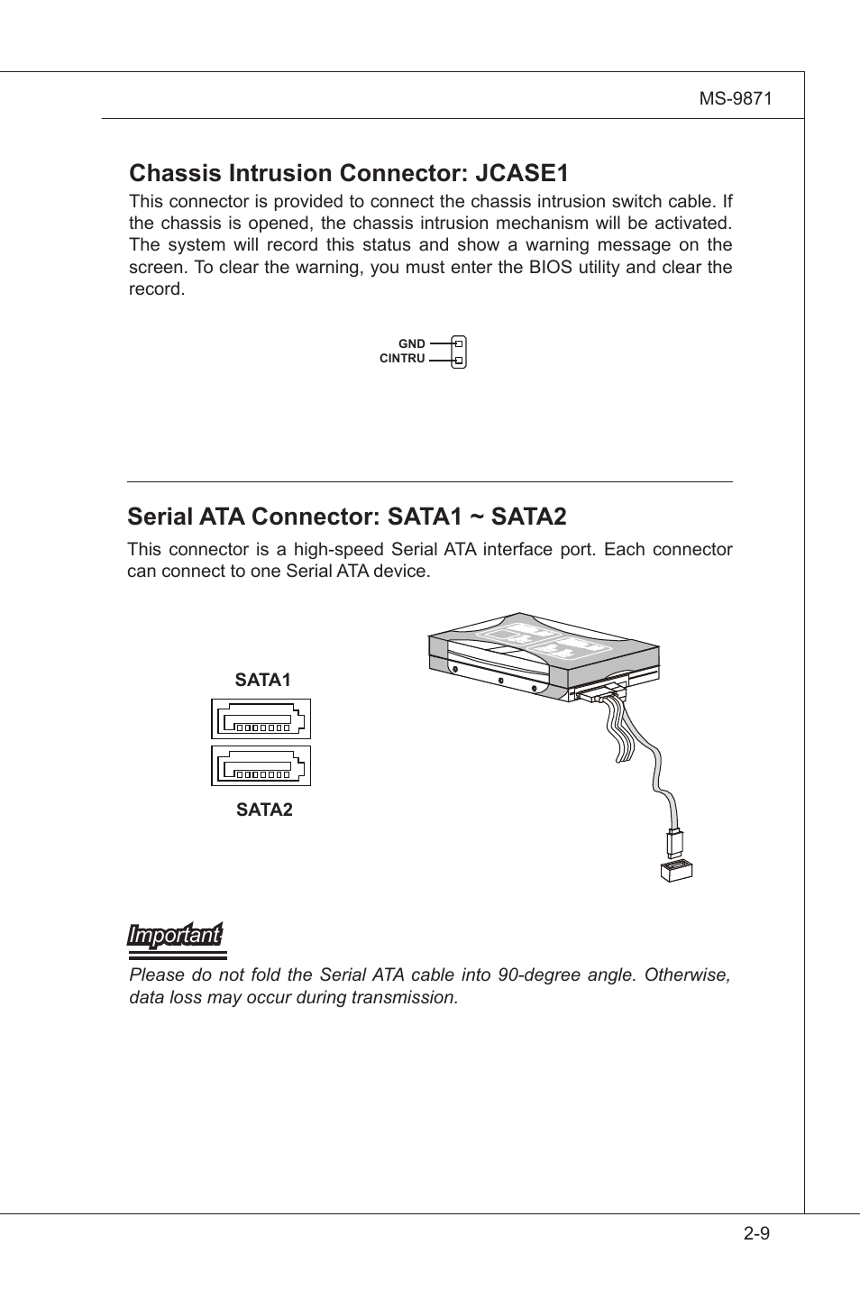 Serial ata connector: sata1 ~ sata2, Chassis intrusion connector: jcase1 | MSI IM-GS45-M User Manual | Page 23 / 63