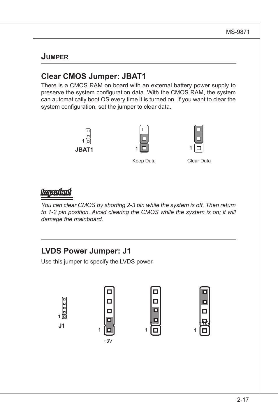 Jumper, Jumper -17, Lvds power jumper: j1 | Clear cmos jumper: jbat1 | MSI IM-GS45-M User Manual | Page 31 / 63